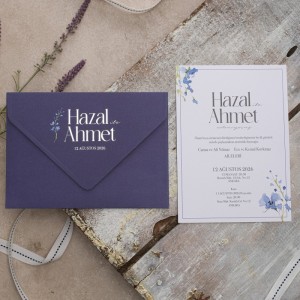 Mor Zarfa Gümüş Yaldız Baskılı Çiçek  Figürlü Düğün Davetiyesi
