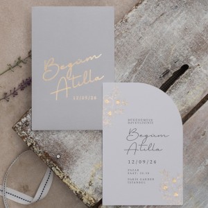 Gri Dikdörtgen Zarfa Yaldız Baskılı İçi Oval Kesim Davetiye Modeli