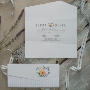 Dışı Çizgili Çiçekli Tasarımlı Katlamalı Davetiye Tasarımı