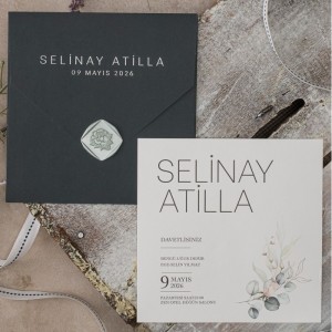 Siyah Kare Özel Kesim Zarfa Yaldız Baskılı Mühürlü Düğün Davetiyesi