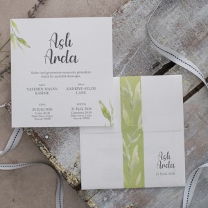 Üstten Geçmeli Kare Zarflı Yeşil Yaprak Temalı Davetiye