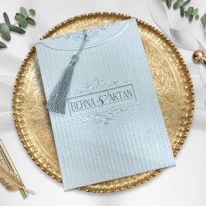 Gri Dokulu Kağıttan Yaldızlı Zarflı Püsküllü Düğün Davetiyesi