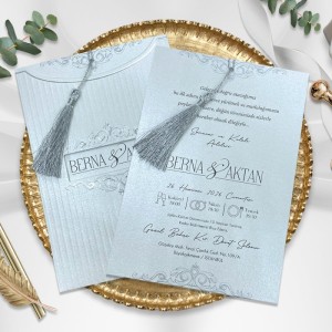 Gri Dokulu Kağıttan Yaldızlı Zarflı Püsküllü Düğün Davetiyesi