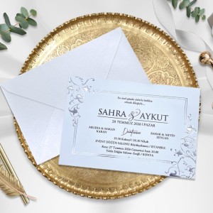 İçi Gri Sade Çiçekli Beyaz Zarflı Davetiye Modeli