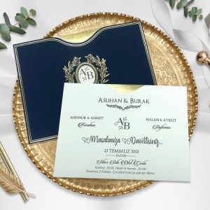 Lacivert Yatay Üstten Kesik Yaldızlı Zarflı Düğün Davetiyesi