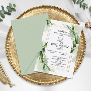 Açık Yeşil Zarflı Yaprak Temalı Düğün Davetiyesi