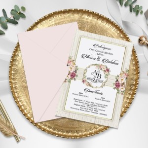 Pembe Zarflı Dikey Tasarımlı Çiçekli Düğün Davetiyesi