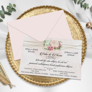 Pembe Zarflı Yatay Çiçek Aranjmanlı Davetiye Modeli