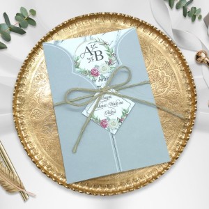 Soldan Sağdan Katlamalı Açık Mavi İpli Düğün Davetiyesi