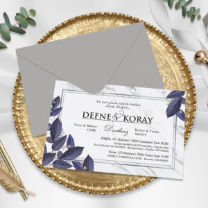 Gri Zarflı Mavi Çiçekli Düğün Davetiyesi