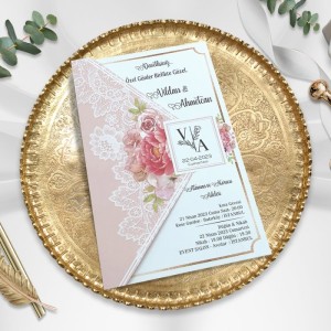 Soldan Katlamalı Geçmeli Pembe Çiçekli Davetiye Modeli