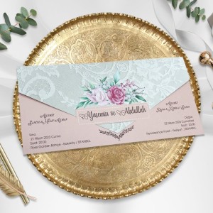 Gri Pembe Renk Kombinli Üstten Katlamalı Düğün Davetiyesi