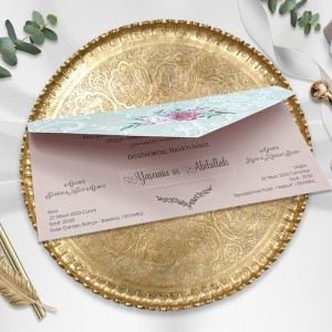 Gri Pembe Renk Kombinli Üstten Katlamalı Düğün Davetiyesi