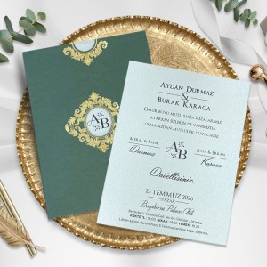 Yeşil Altın Yaldız Süslemeli Zarflı Sade Davetiye Modeli