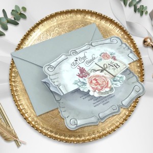 Gri Zarflı İçi Çiçekli Katlamalı Düğün Davetiyesi