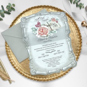 Gri Zarflı İçi Çiçekli Katlamalı Düğün Davetiyesi