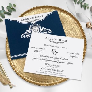 Üstten Kesik Lacivert Yaldız Süslemeli Zarflı Düğün Davetiyesi