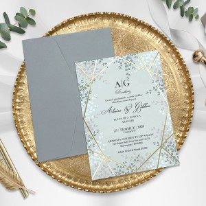 Gri Zarflı İçi Çiçekli Yaldız Süslemeli Davetiye Tasarımı