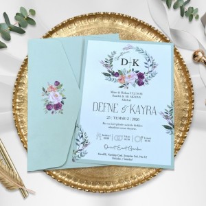 Zarfı İçi Çiçek Kombinli Açık Yeşil Düğün Davetiyesi