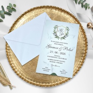 Üst Kısmı Çiçek Taklı Beyaz Zarflı Düğün Davetiyesi