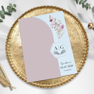 Soldan Katlamalı Dışı Pembe Çiçekli Zarfsız Düğün Davetiyesi