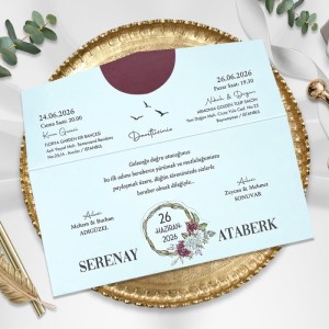 Üstten Katlamalı Geçmeli Bordo Düğün Davetiyesi