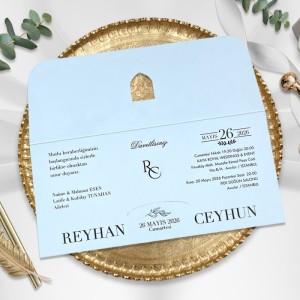 Üstten Katlamalı Pencereli Yaldız Süslemeli Lacivert Davetiye Modeli