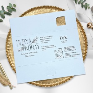 Gri Zemine Yaldız Süslemeli Katlamalı Pencereli Düğün Davetiyesi