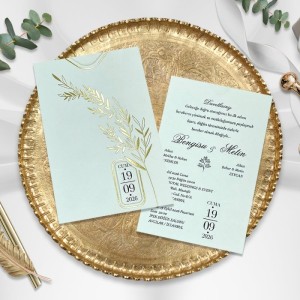 Üstten Açık Krem Renkli Yaldız Süslemeli Düğün Davetiyesi