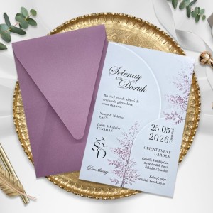 Mor Dikey Üçgen Kapak Zarflı Çiçekli Düğün Davetiyesi