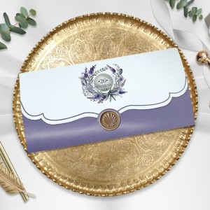 Katlamalı Mühür Görünümlü Mor Beyaz Renkli Düğün Davetiyesi