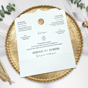 Katlamalı Mühür Görünümlü Mor Beyaz Renkli Düğün Davetiyesi