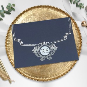 Lacivert Üstten Katlamalı Gümüş Yaldız Süslemeli Düğün Davetiyesi