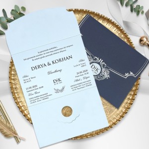 Lacivert Üstten Katlamalı Gümüş Yaldız Süslemeli Düğün Davetiyesi