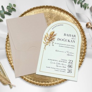 Açık Kahverengi Zarflı İçi Sade Oval Kesimli Düğün Davetiyesi