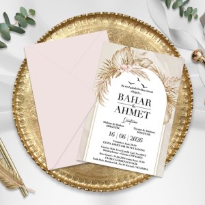 Bej Rengi Klasik Zarfı Giriş Takı Tasarımlı Düğün Davetiyesi