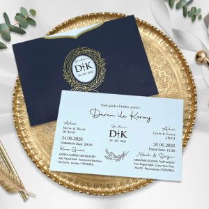 Lacivert Üstten Kesik Yatay Pencereli Zarflı Düğün Davetiyesi