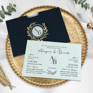 Siyah Yatay Pencereli Zarfa Yaldız Süslemeli Düğün Davetiyesi