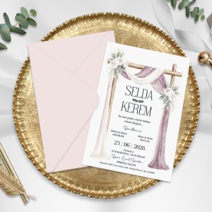 Pembe Klasik Zarflı İçi Giriş Takı Temalı Düğün Davetiyesi