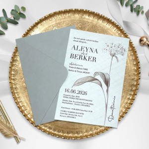 Gri Klasik Zarflı Sade Çiçekli Düğün Davetiyesi