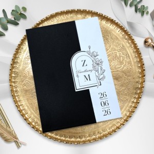 Dışı Siyah Soldan Katlamalı Geçmeli Sade Düğün Davetiyesi