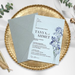 Gri Zarflı İçi Sulu Boya Efektli Çiçek Tasarımlı Davetiye Modeli