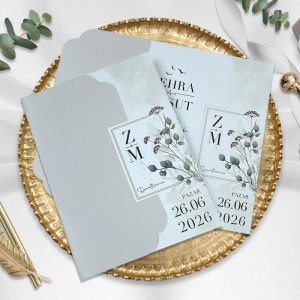 Soldan Katlamalı Geçmeli Zarfsız Çiçek Temalı Düğün Davetiyesi