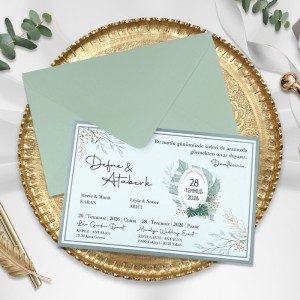 Mint Yeşili Zarflı Yatay Tasarımlı Çiçekli Düğün Davetiyesi