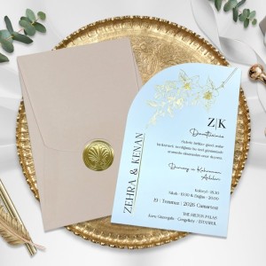 Açık Kahverengi Zarflı Etiketli İçi Özel Kesim Yaldızlı Düğün Davetiyesi