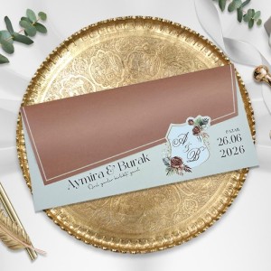 Dışı Kahverengi Katlamalı Çiçek Detaylı Düğün Davetiyesi