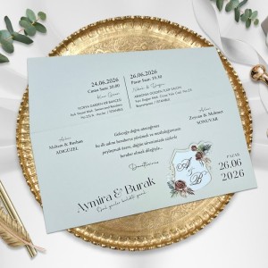 Dışı Kahverengi Katlamalı Çiçek Detaylı Düğün Davetiyesi