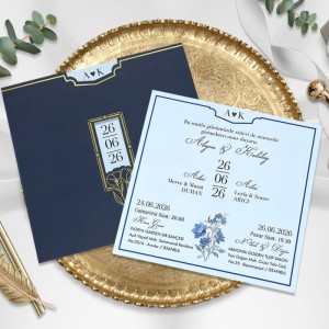 Lacivert Özel Kesim Pencereli Yaldız Süslemeli Zarflı Davetiye