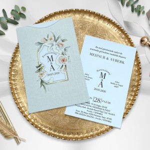 Gri Üstten Kesik Pencereli Çiçek Tasarım Zarflı Davetiye Modeli