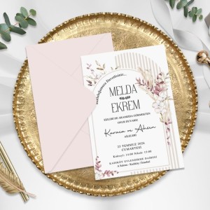 Pembe Zarflı İçi Taklı Çiçek Tasarımlı Düğün Davetiyesi
